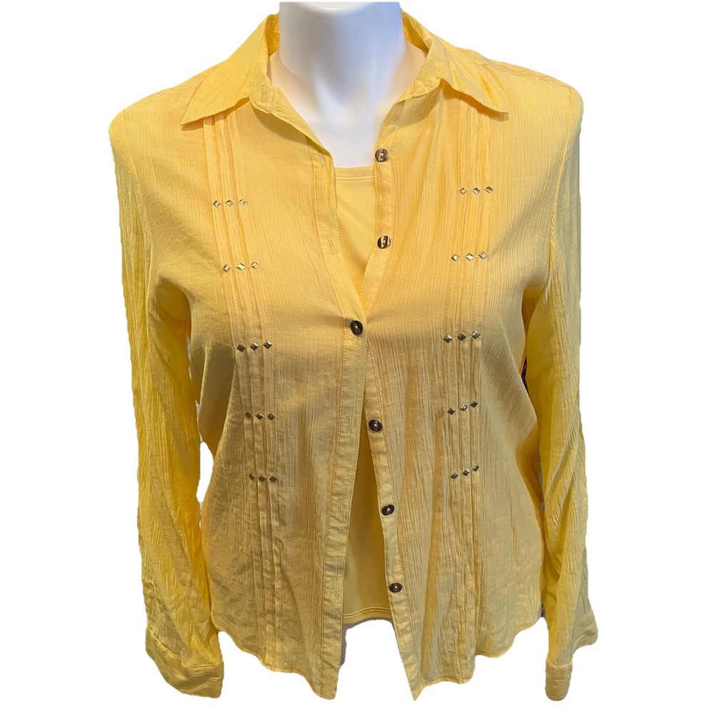 VTG Butter Yellow Button Up Roll Tab Sleeve Women's 14 Crepe Pleated Studded Set